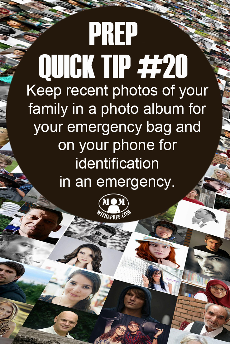Keep recent family photos on your phone and in your emergency bag to help in identification during an emergency, especially for children!
