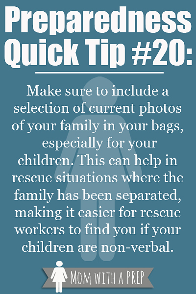 PQT #20: Keep photos handy of you and your children in your bags or pockets for easy identification in case you are separated. Read more at Momwithaprep.com