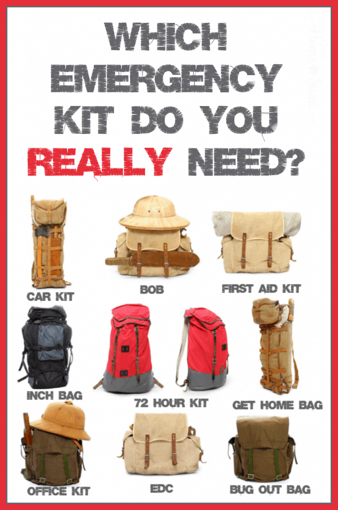 If you are overwhelmed by all the information available on various emergency kits, this post is for you! Before you can start creating a "survival" kit for your family, you need to know which kit(s) you actually need. This post goes through 9 different kits including a 72 hour kit, bug out bag, emergency car kit, office bag, EDC, BOB and more!