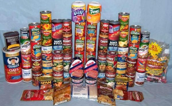 Emergency food supplies such as canned goods, juice, and more
