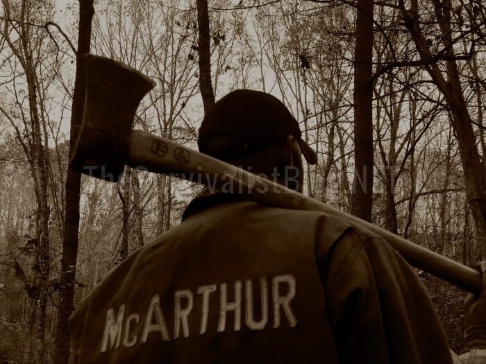 firefighter with axe over his shoulder