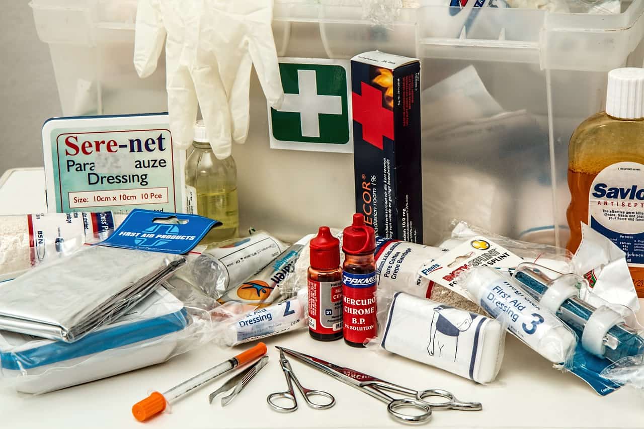 a first aid kit laid out