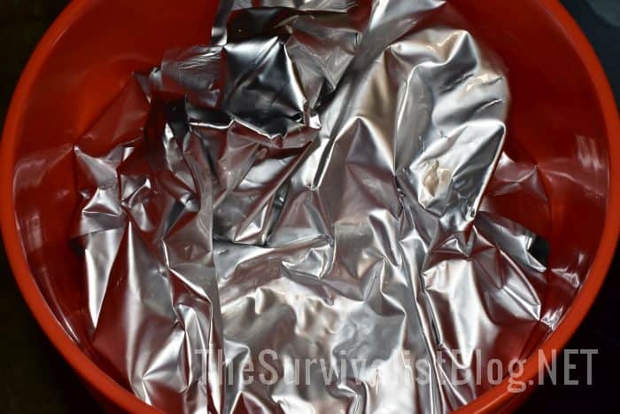 beans in mylar bag inside red plastic bucket