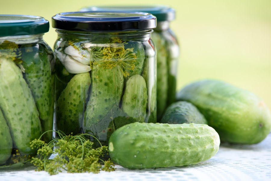 Jars of pickles with fresh cucumbers laying beside them