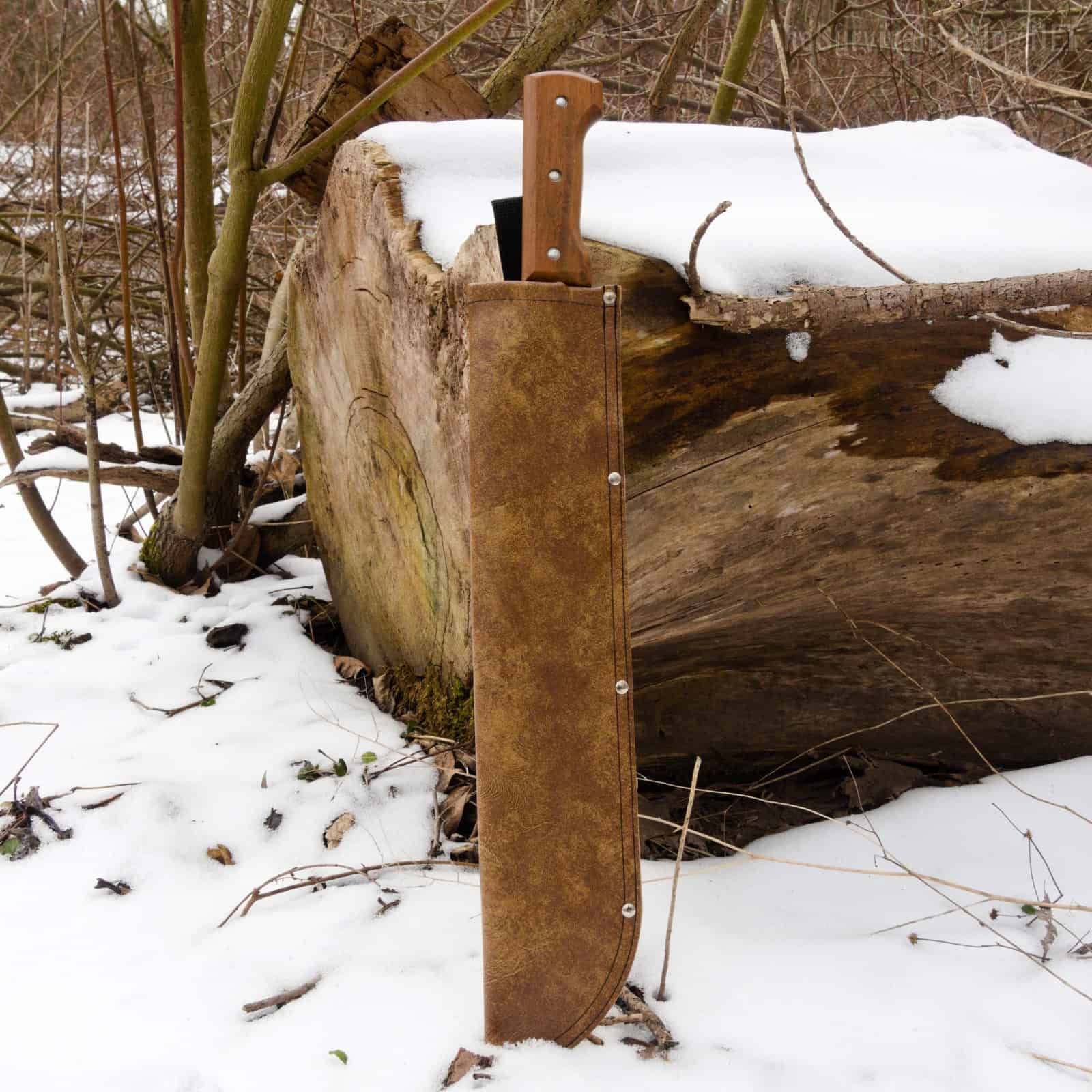 machete in sheath next to log