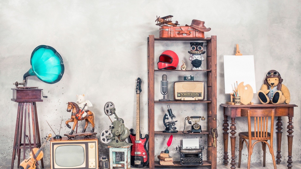 collection of items on a bookshelf