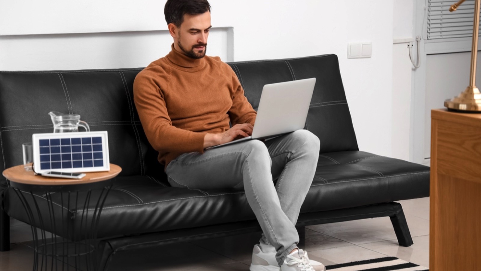 Handsome man using laptop near portable solar panel at home