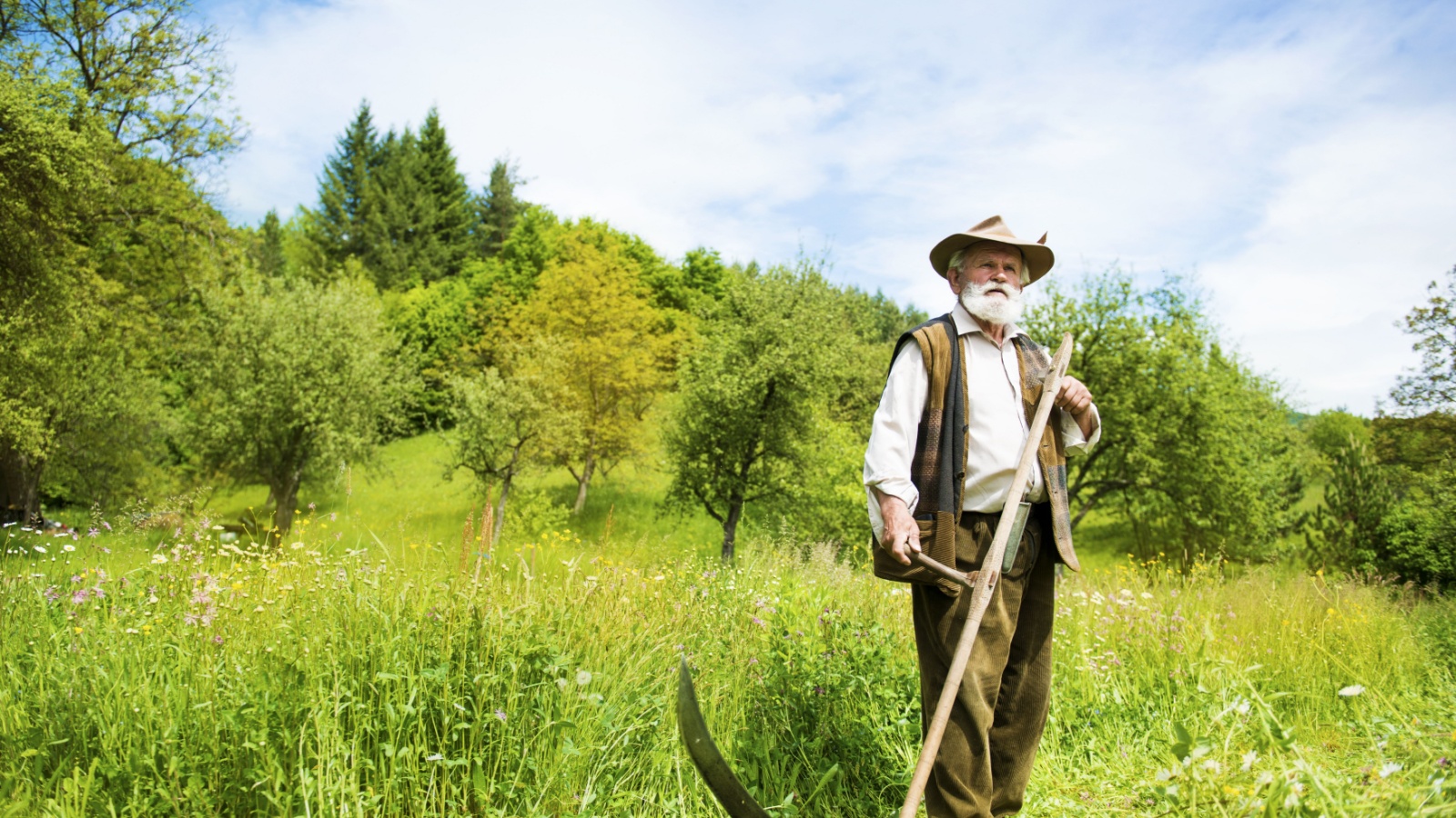 Farmer standing in a field with a Scythe