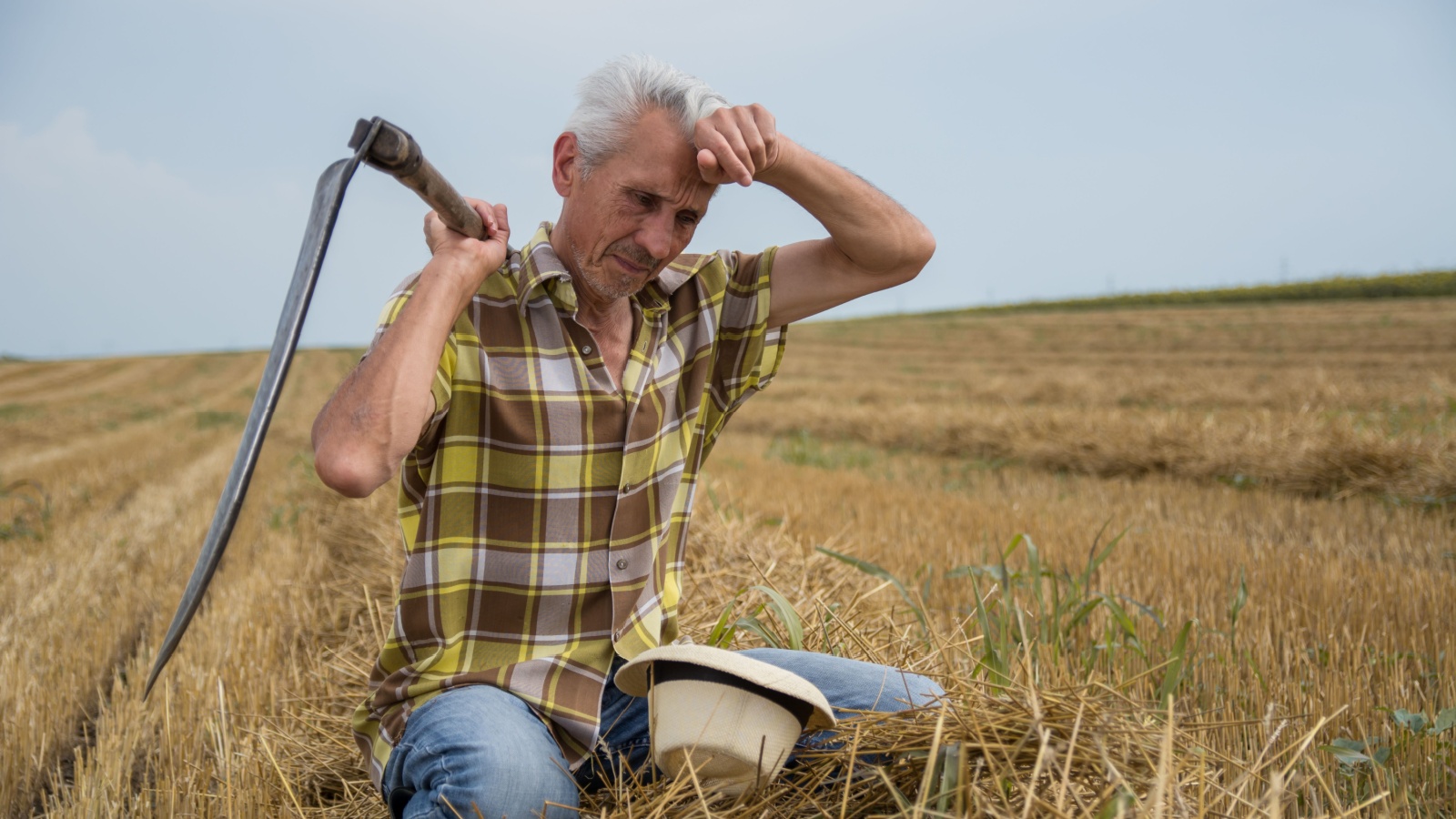 Tired Farmer in a Wheat field