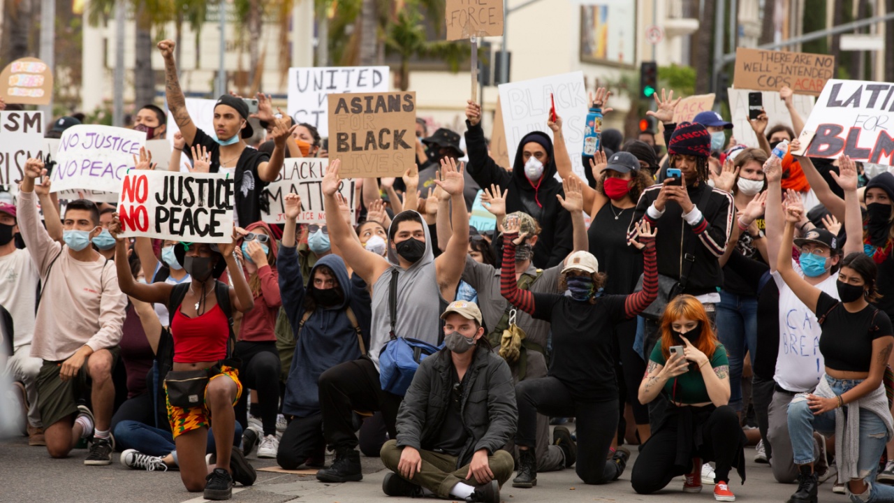 People in the Fairfax District of Los Angeles protest the brutal police killing of George Floyd. social unrest