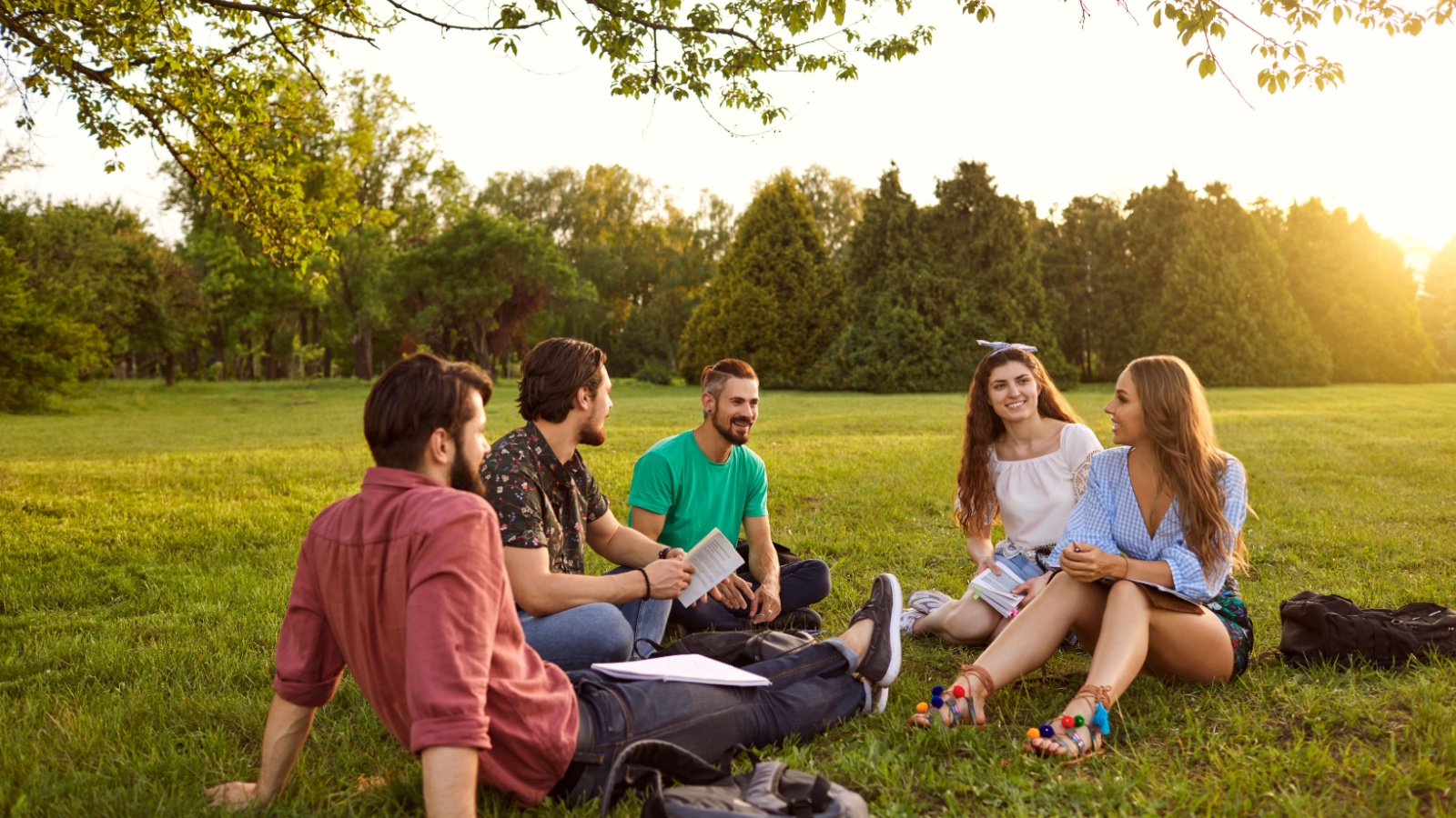 A group of young people students communicate sitting on the grass in a summer park at sunset. Friends relax in their free time.