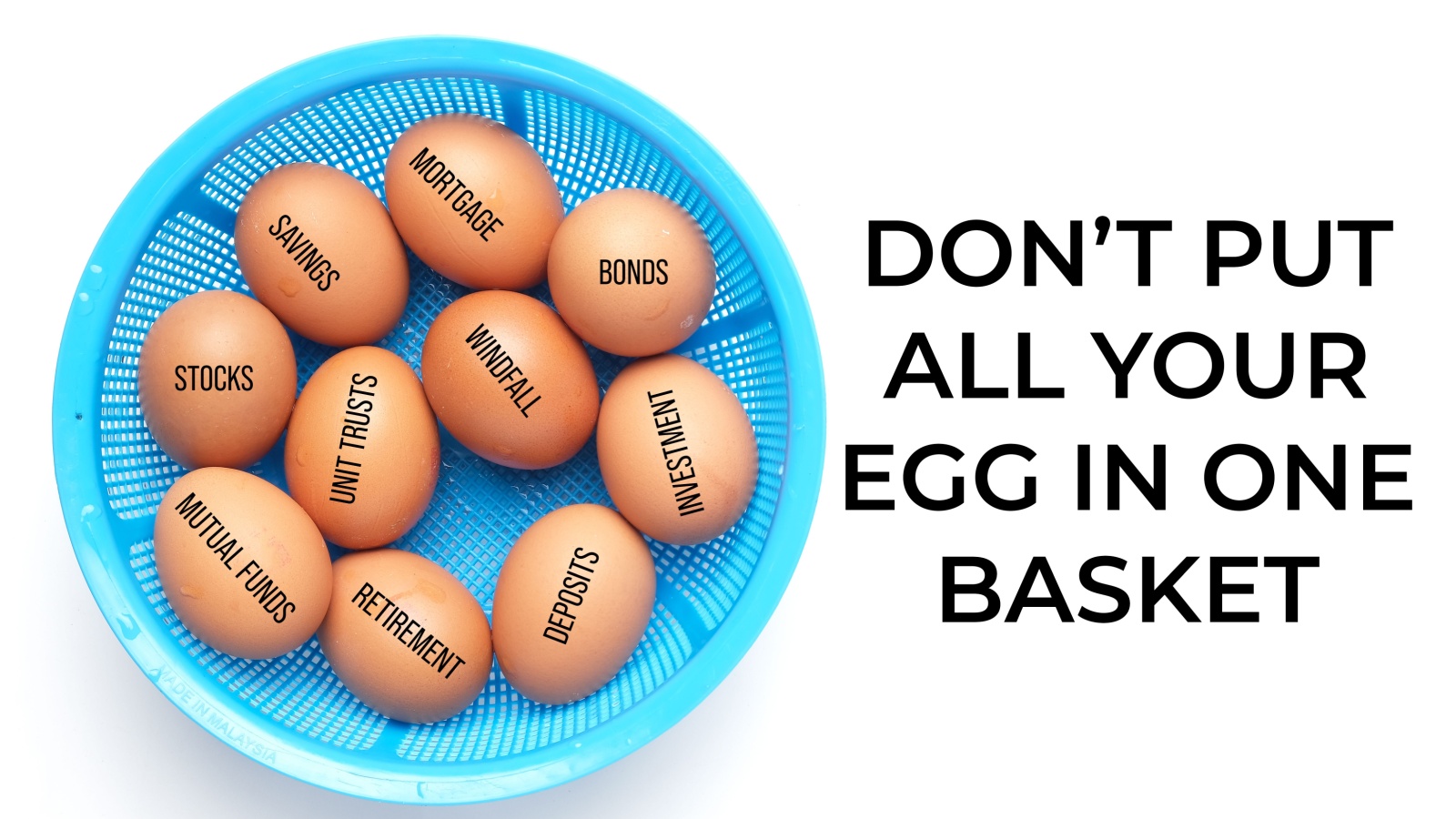 Eggs in the basket with finance item and Don't put all your eggs in one basket word. Finance and investment education