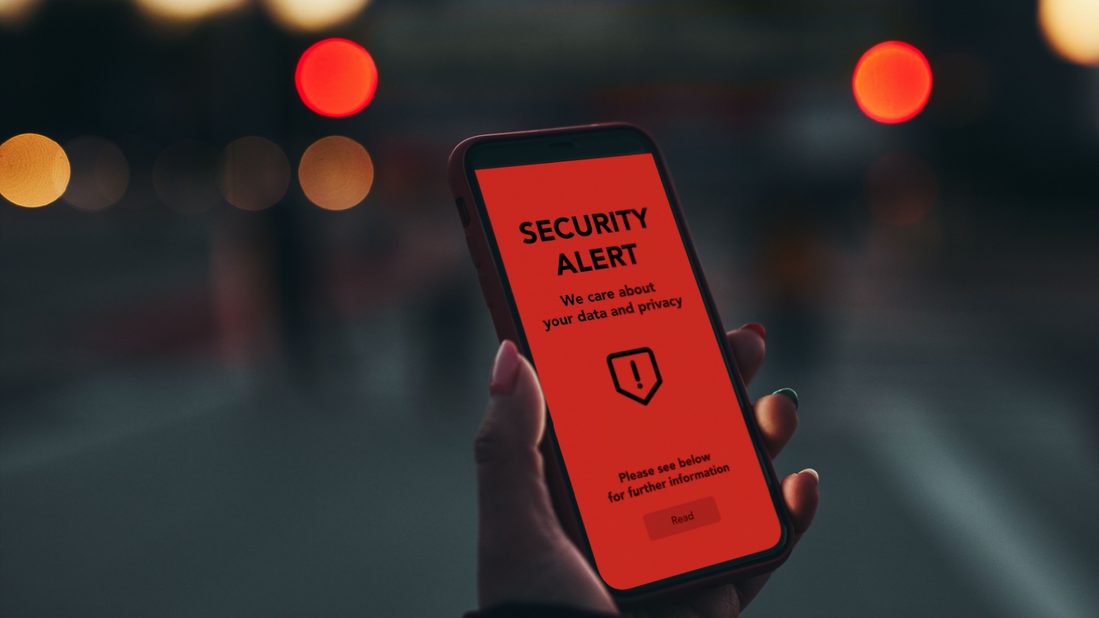 Security alert on smartphone screen. Antivirus warning. Private data protection system notification. Important security issue. Concept of cyber crime, hacking password and bank accounts