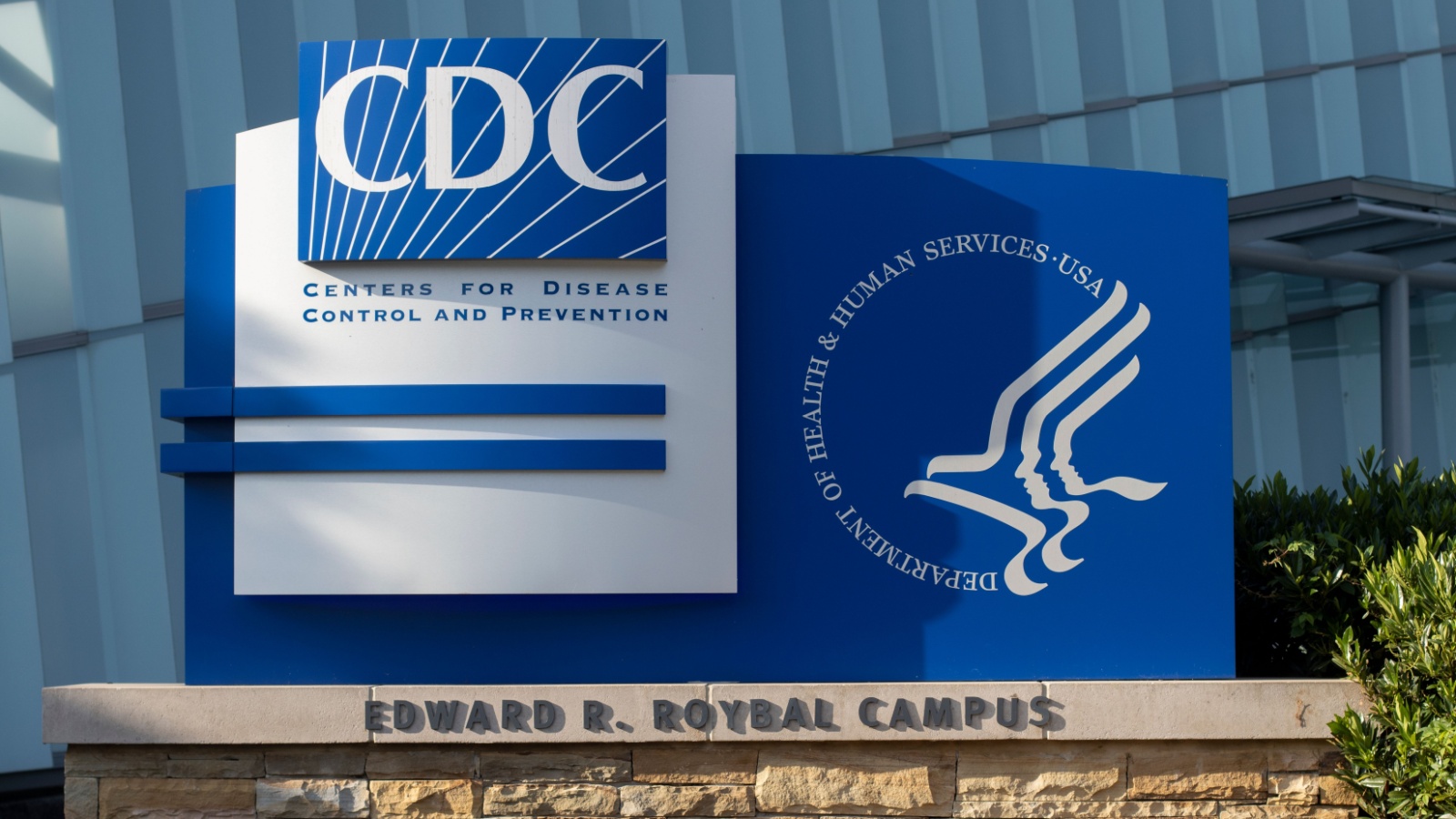 Closeup of the CDC logo seen at the Edward R. Roybal campus, the headquarters of the Centers for Disease Control and Prevention (CDC) in Atlanta, Georgia.