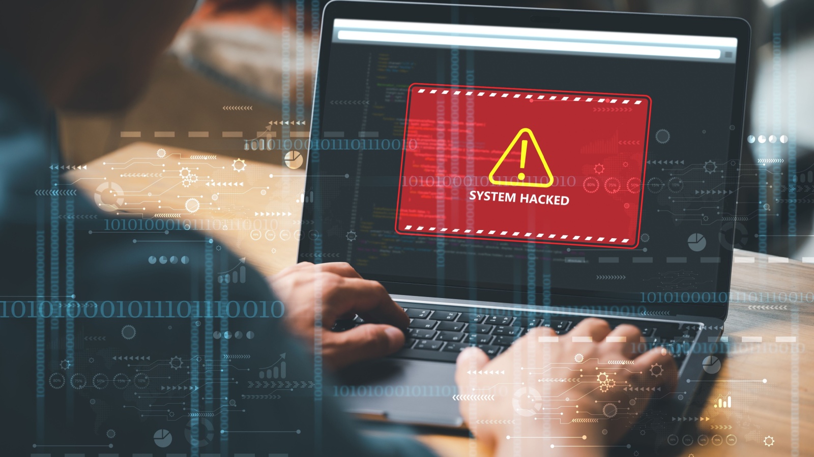 System warning hacked alert, cyber attack on computer network. Cybersecurity vulnerability, data breach, illegal connection, compromised information concept. Malicious software, virus and cybercrime.