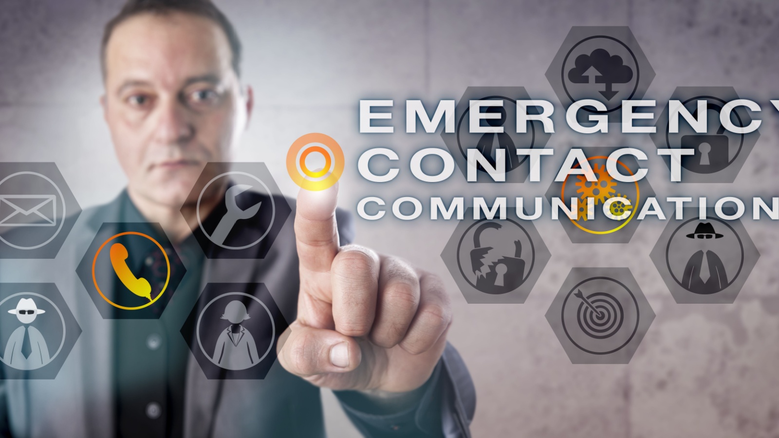 Corporate executive is reaching out for an EMERGENCY CONTACT COMMUNICATION onscreen. Information technology and cybersecurity concept for the execution of a prepared and effective incident response.