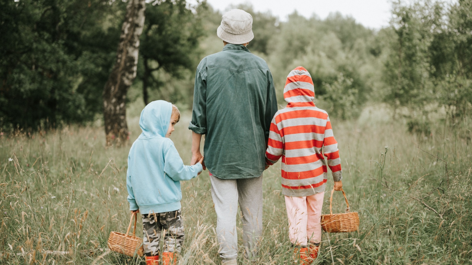 little kids mushroom pickers go to the forest or woodland by the hand with their grandmother. family of survivalists gathers a wild fungus harvest and outdoor foraging in nature.