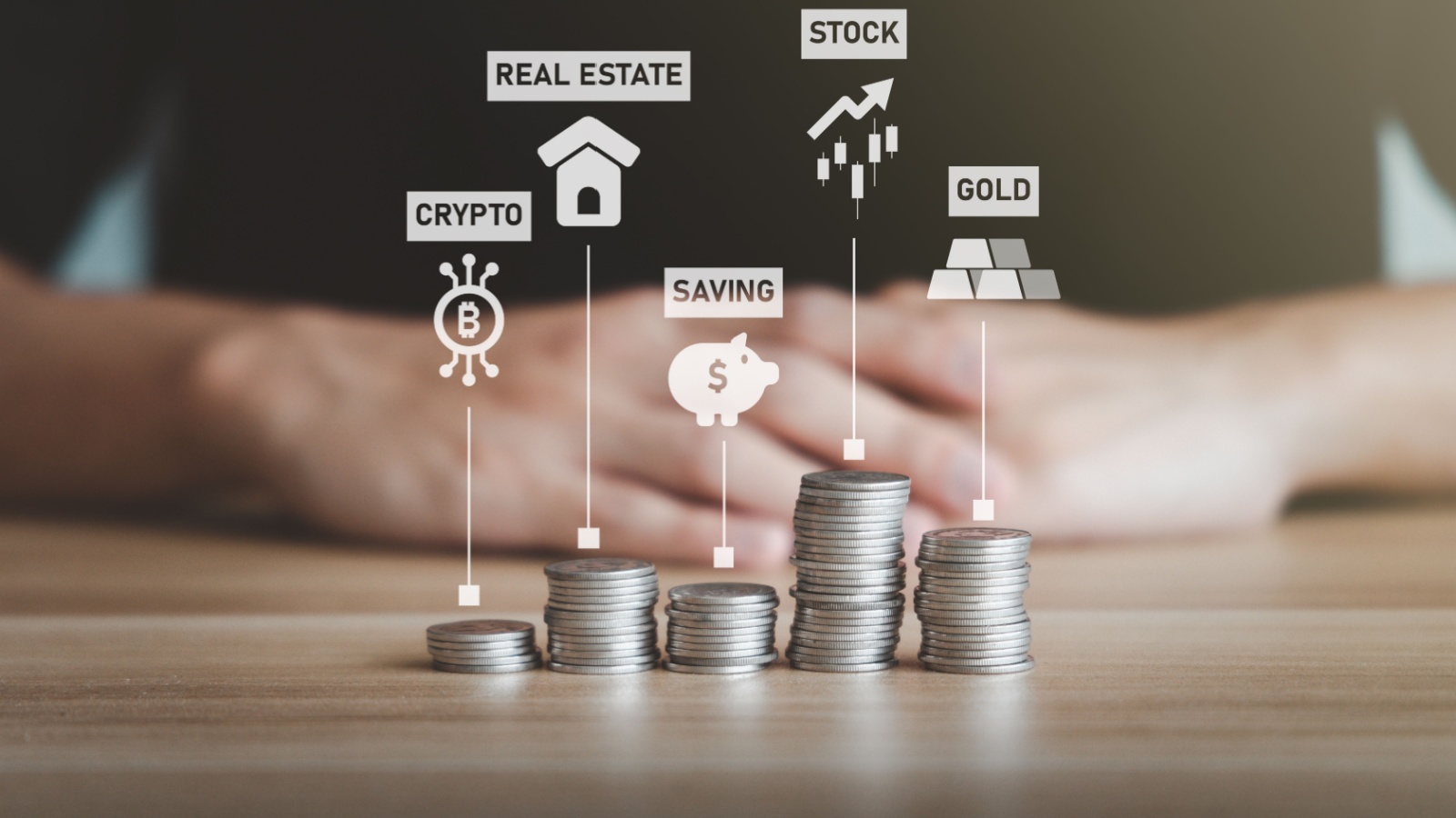 Investment portfolio, business, finance concept. Investor manage set of financial assets include cryptocurrency, real estate, saving, stock and gold.