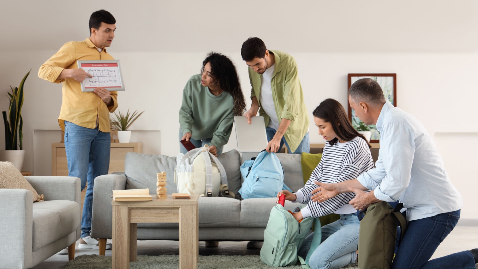 People with evacuation plan packing things indoors