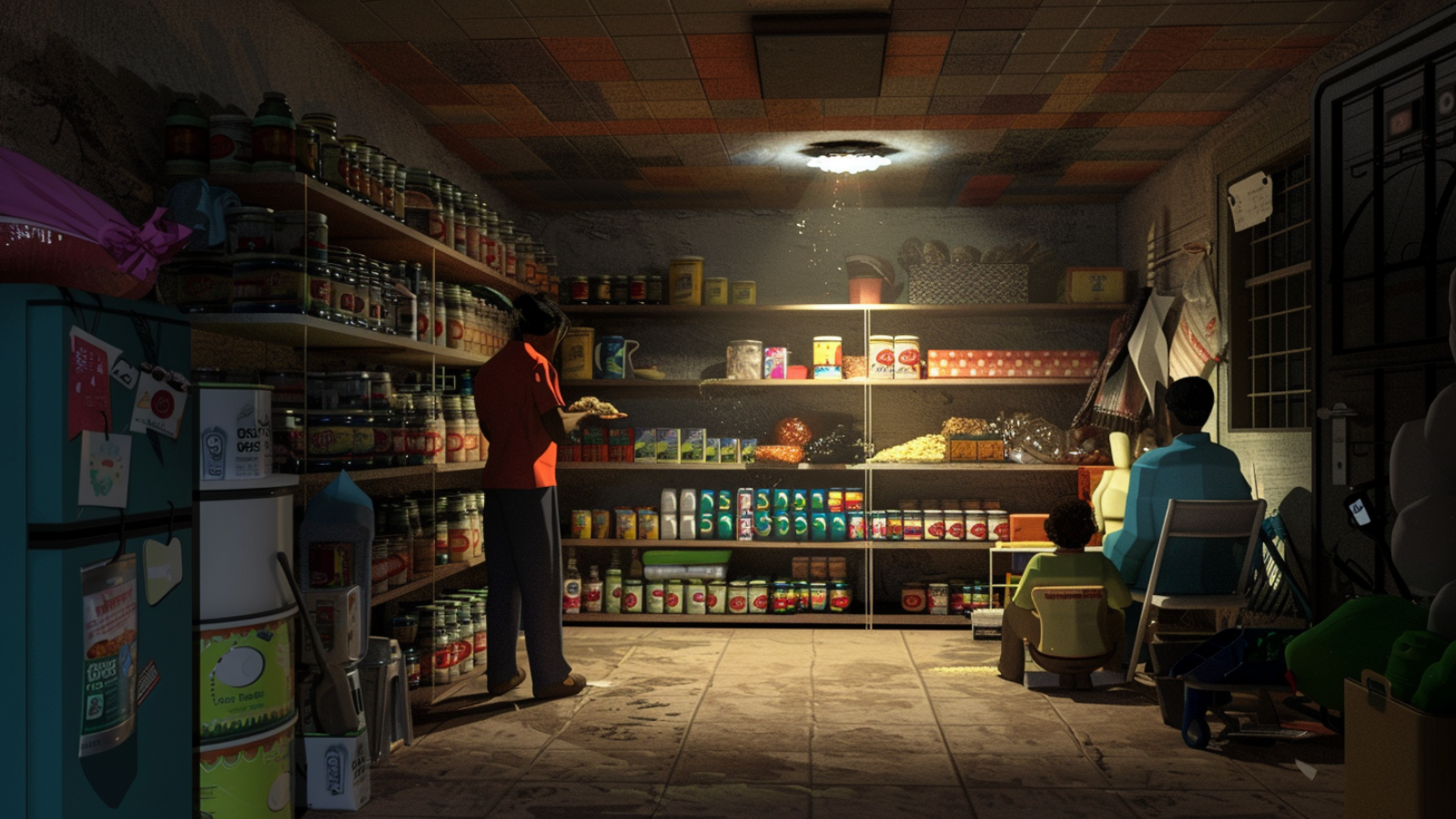 family in a safe room with cans of food, medicine, water on shelves on the wall