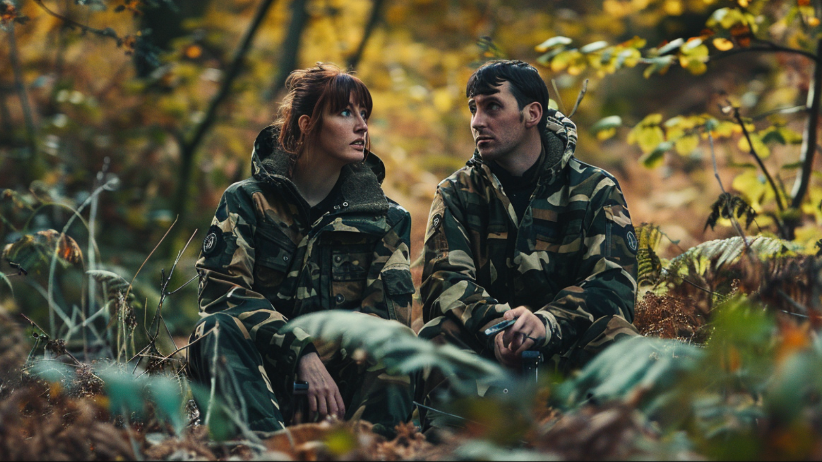 Couple wearing camouflage clothes hiding in a woods