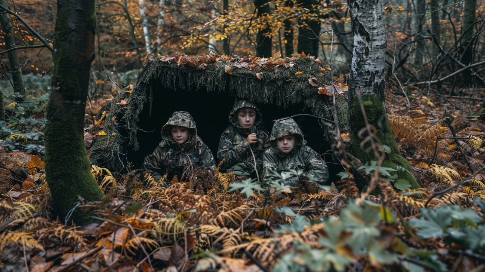 family dressed in camouflage clothes hiding in a forest near a shelter, Post-Apocalyptic Wilderness