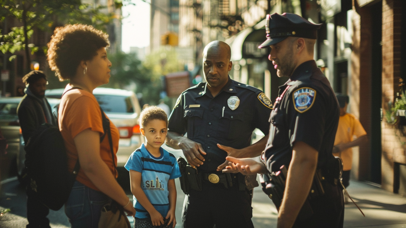 family talking to policemen regarding emergency procedures,