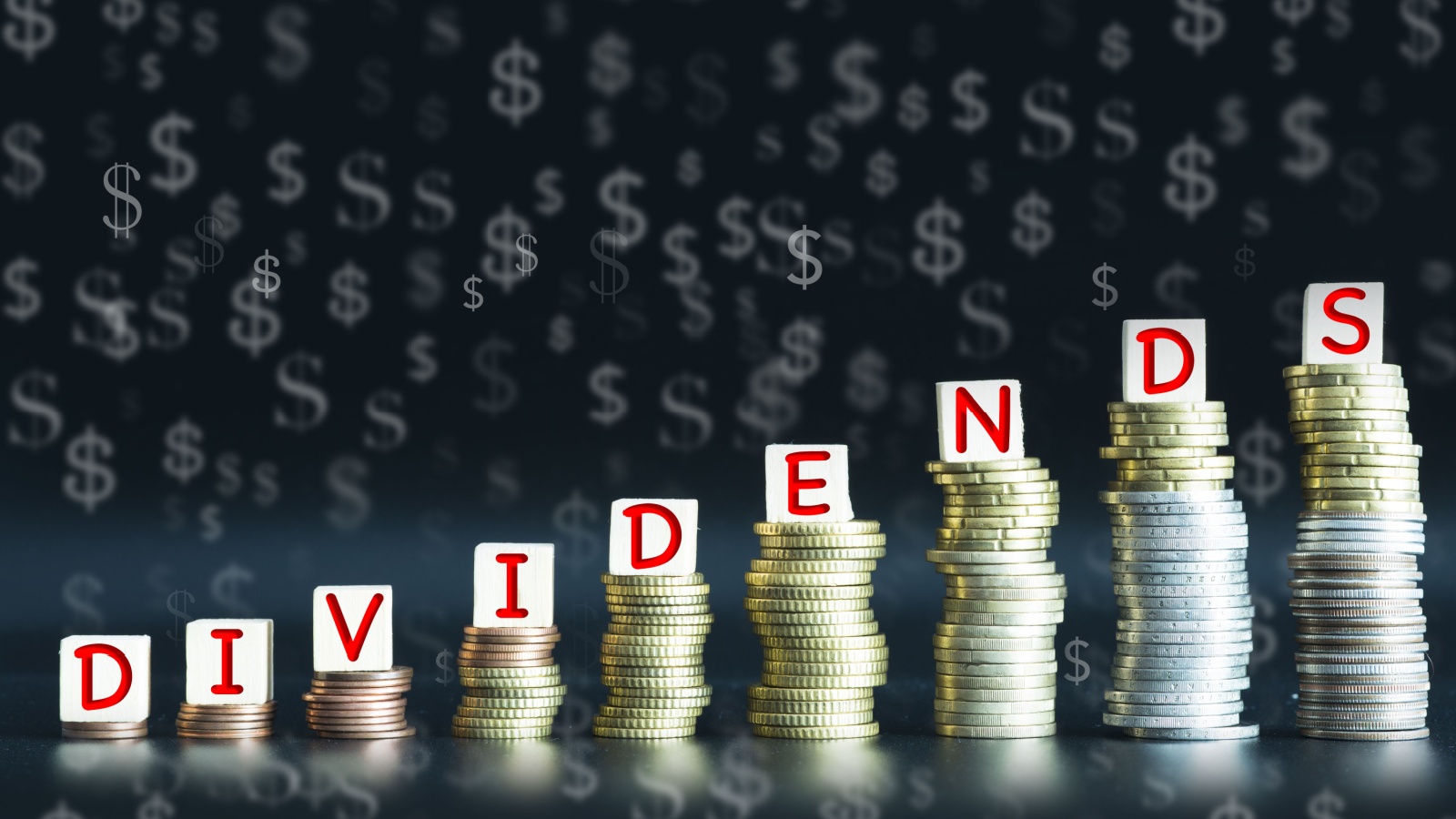 Pay dividends concept suggesting evolution of stock yield on the market with coins money ladder