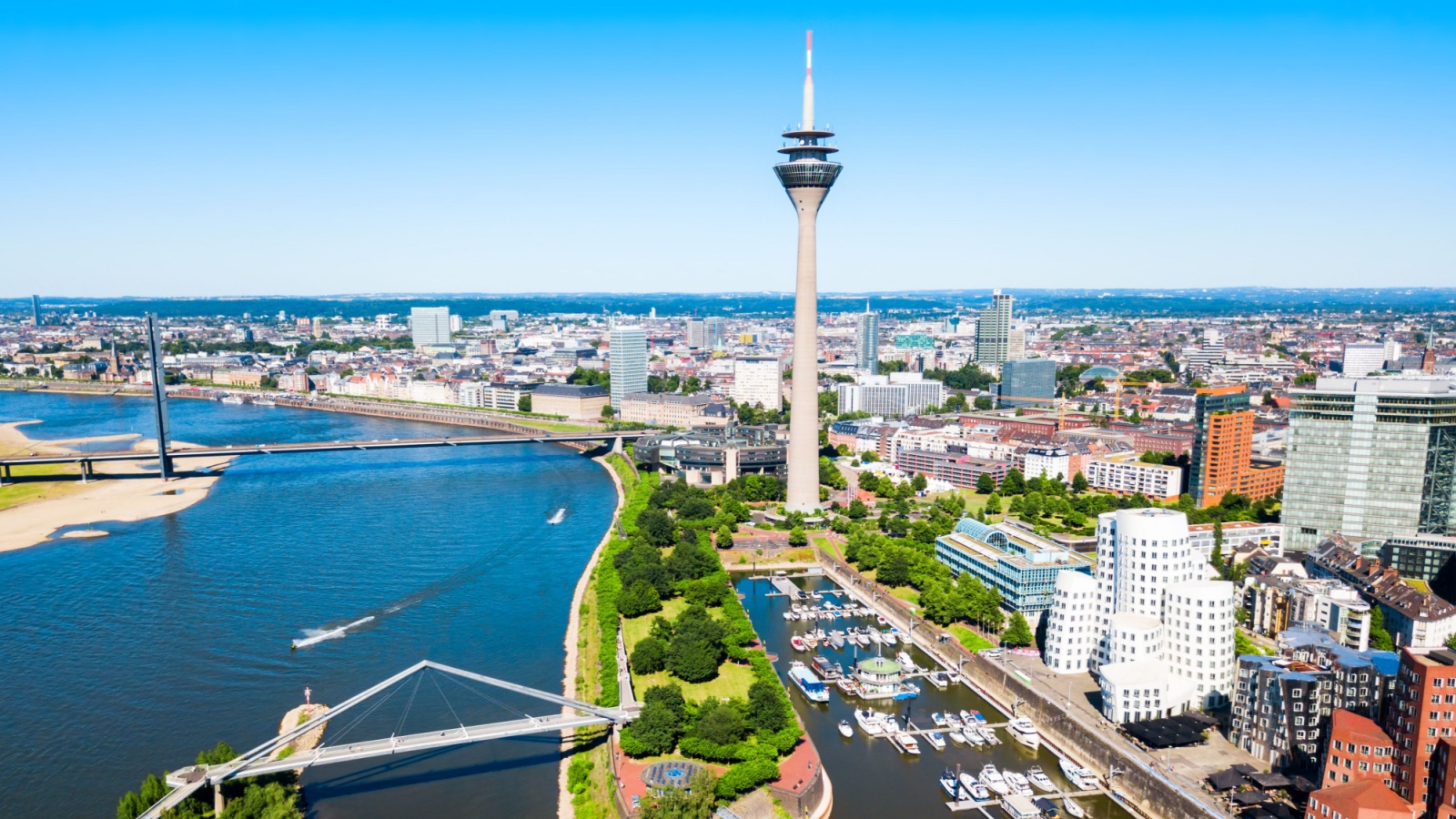 Rheinturm and Media Harbour district in Dusseldorf city in Germany