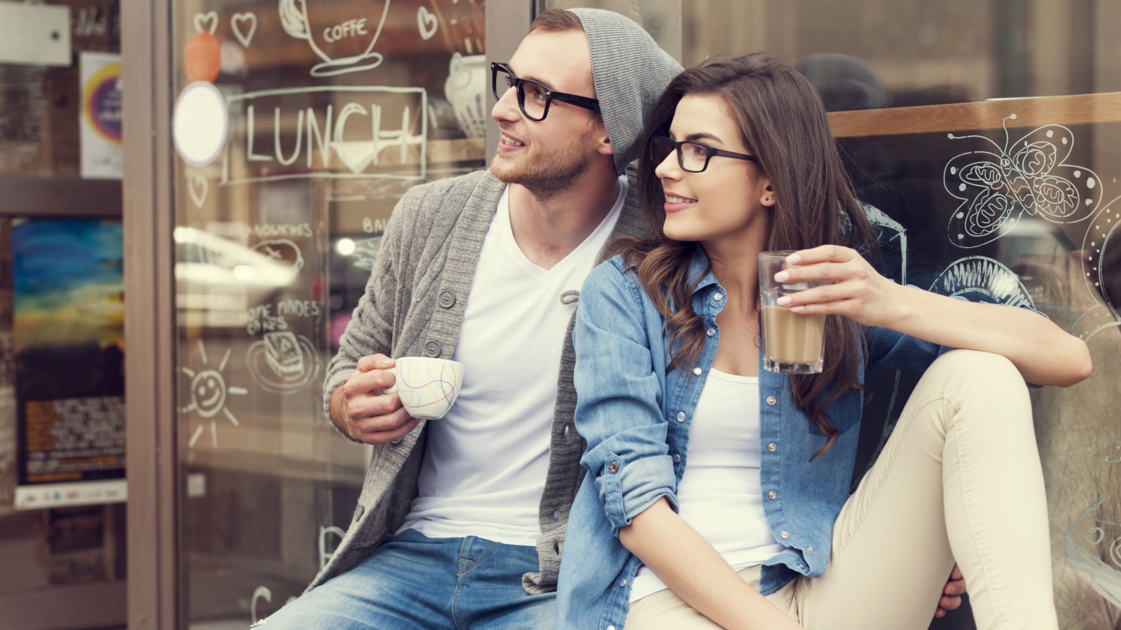 stylish couple at outside of cafe, happy, 