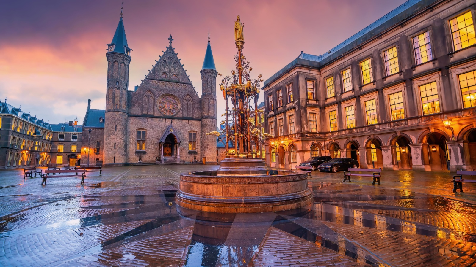 Inner courtyard of the Binnenhof palace in the Hague, Netherlands at twilight