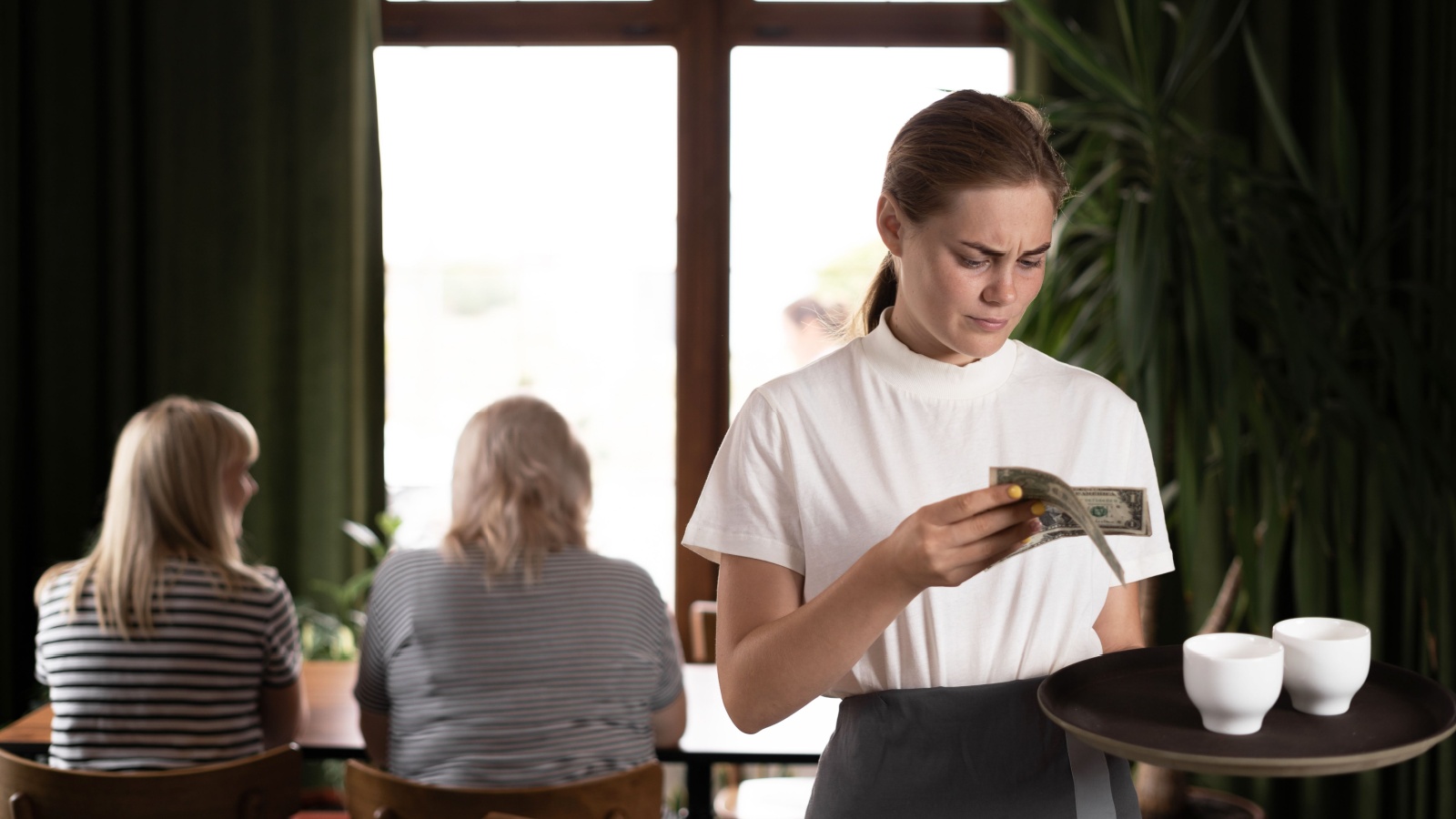 disgruntled female waiter holding serving tray in restaurant with bad tips,