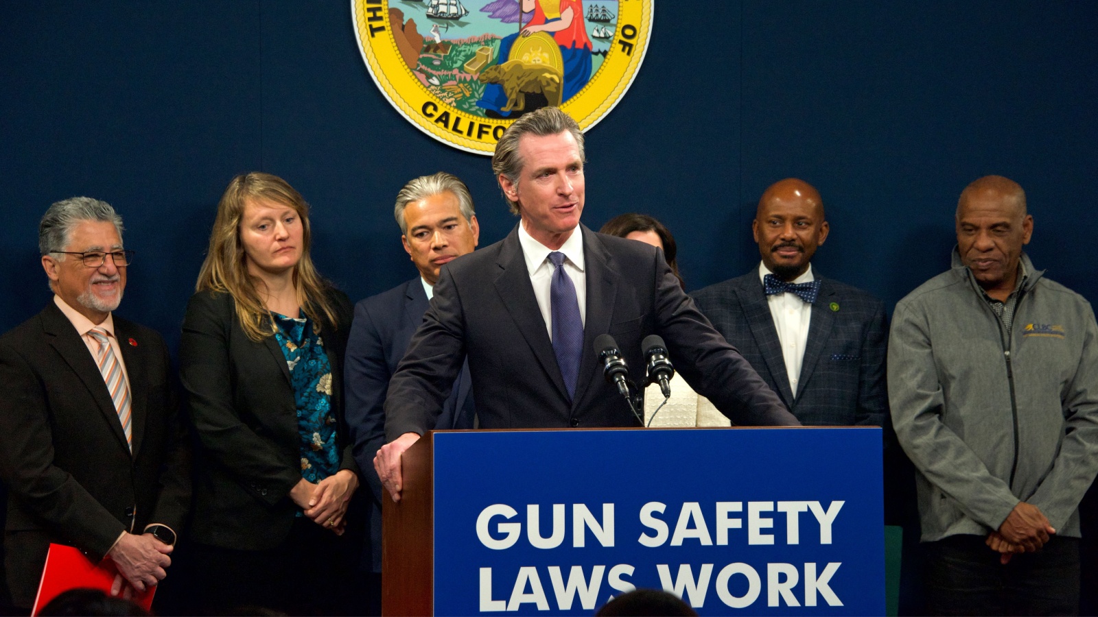 Governor Gavin Newsom speaking at a Gun Safety Legislation Press Conference.