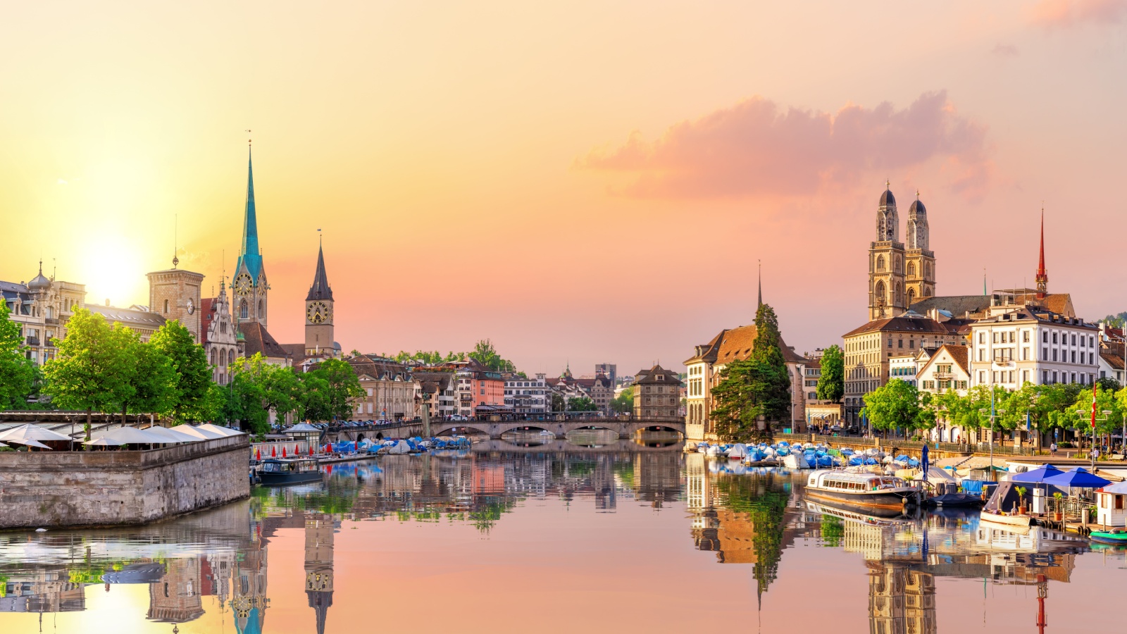 Aerial view on the downtown of Zurich and its reflection, Switzerland