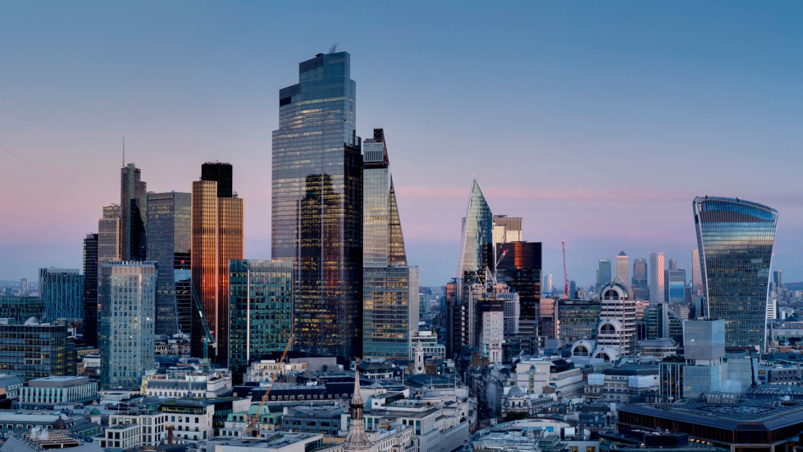 City Square Mile CBD is viewed at dusk in panoramic format from Post Building