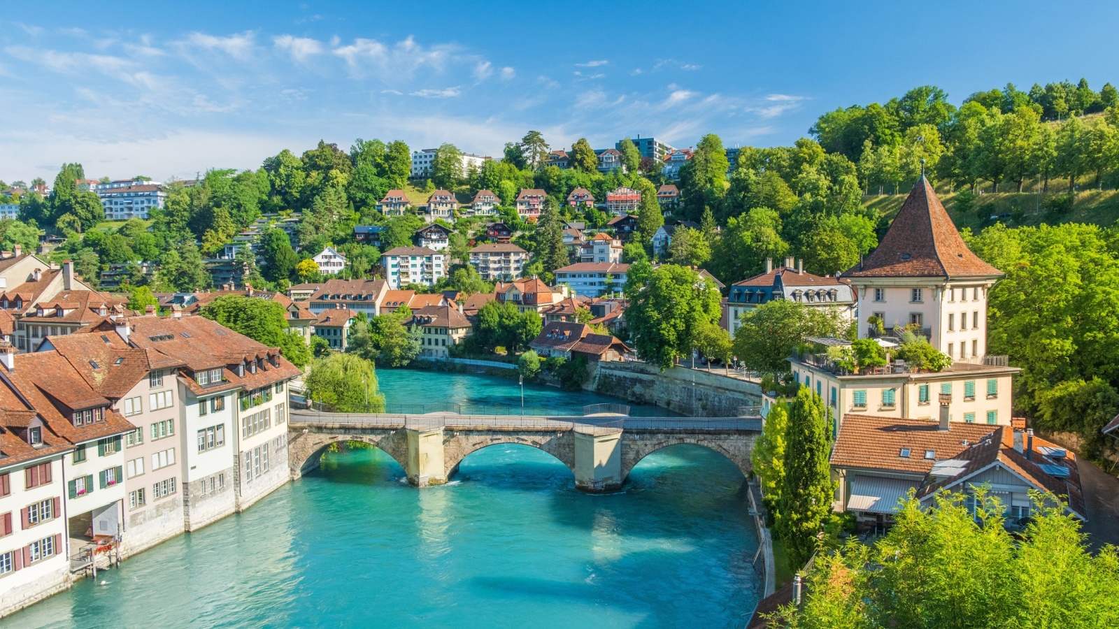 Aare river, Untertorbrucke bridge, cityscape of Bern, Switzerland